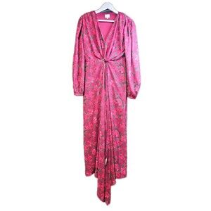 VICI Dee Elly Pink Green Floral Knot Front Pleated Maxi Dress S